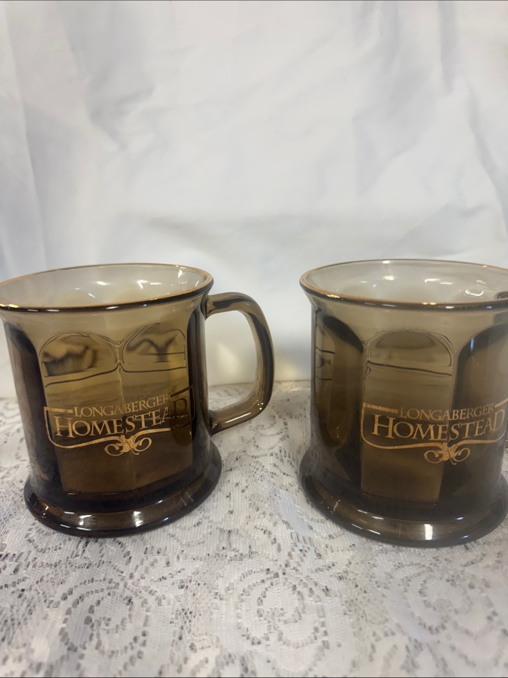 Longaberger Homestead Brown and Gold Glass Mugs - Pair
